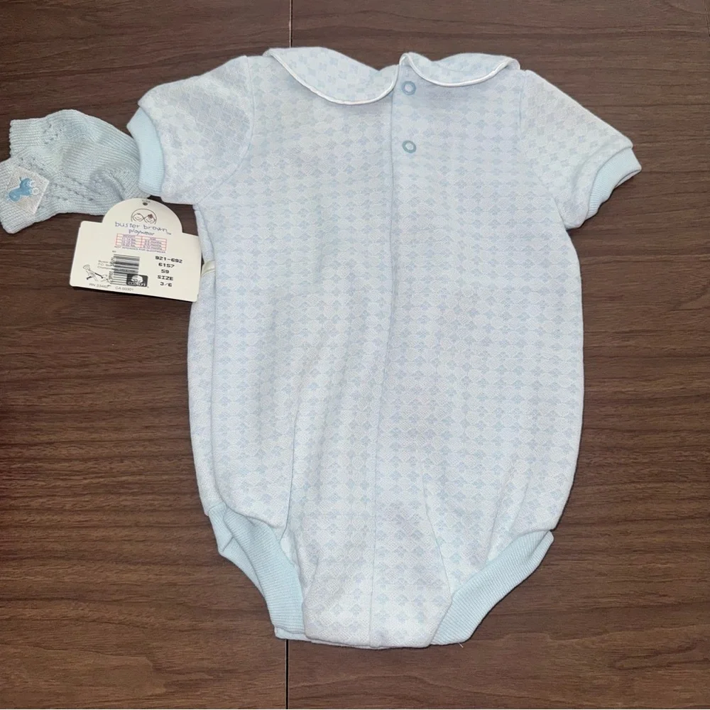 Vintage Buster Brown Boy’s 3/6 Month Blue Romper Set With‎ Socks Embroidered NWT